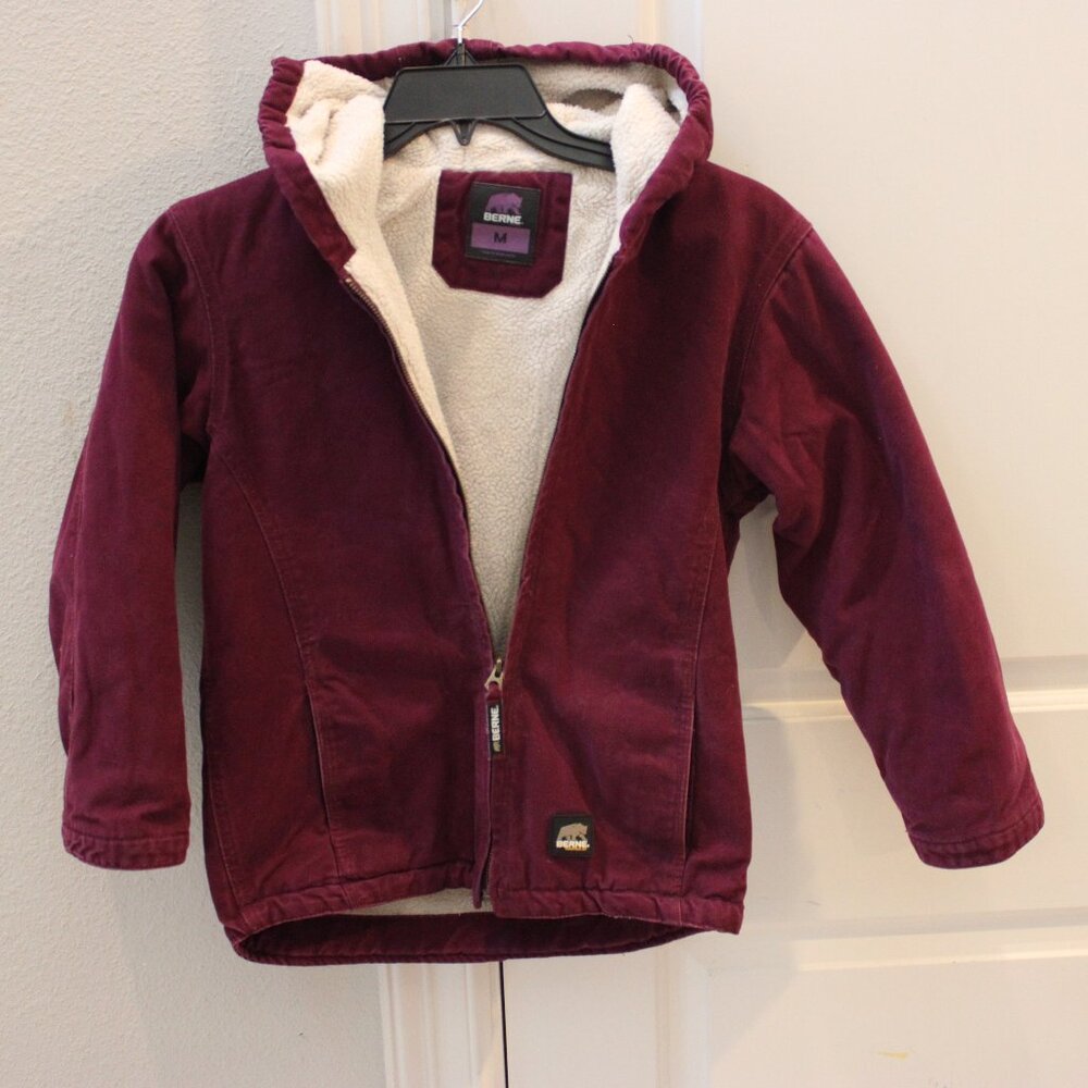 Berne Youth Burgundy Purple Plum Softstone Duck Hooded Jacket Zip Coat MED 10-12